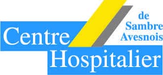 Logo du Centre Hospitalier de Sambre Avesnois avec des éléments graphiques en bleu et jaune.
