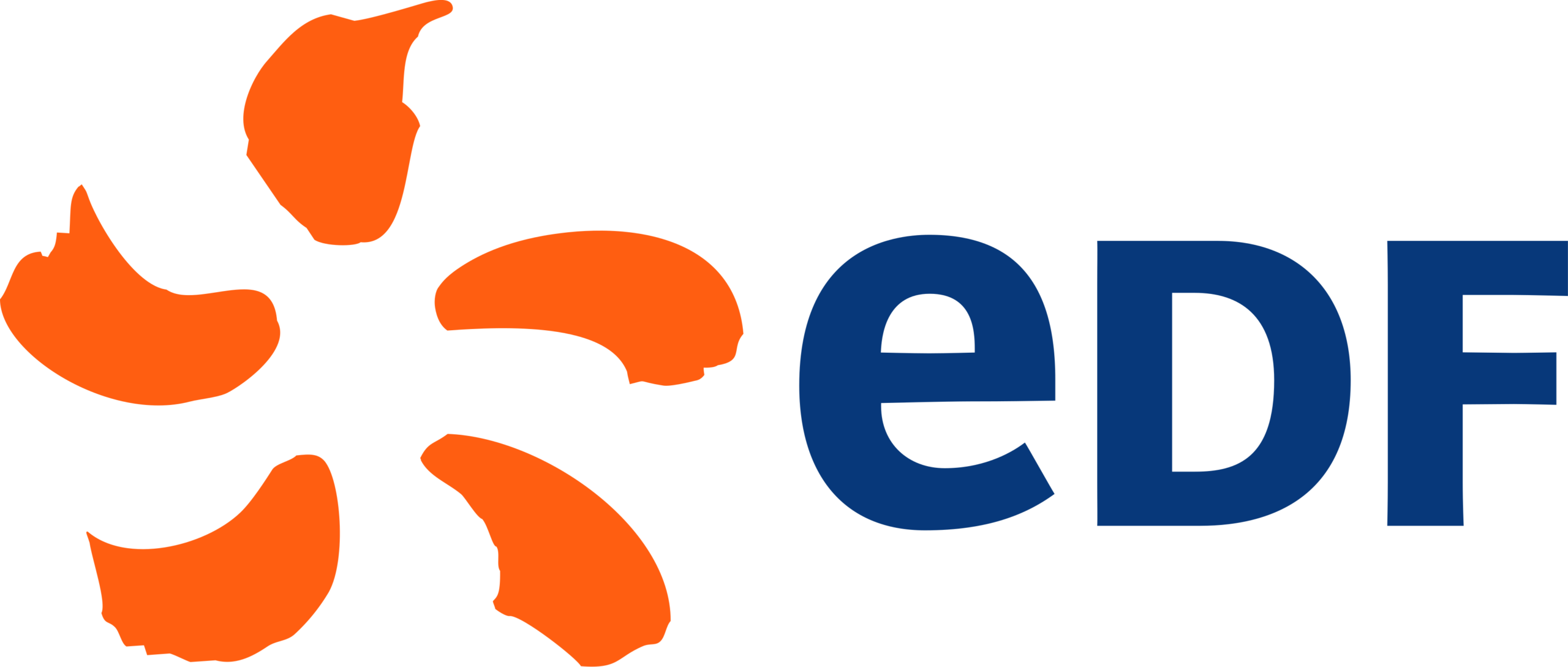 Logo EDF : symbole orange et texte bleu edf sur fond gris.