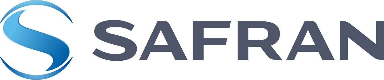 Logo Safran bleu et gris sur fond sombre.